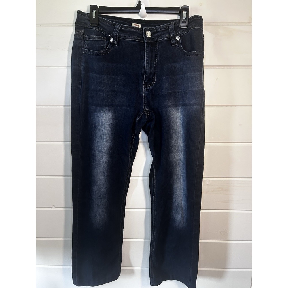 Reba Women's Dark Wash Denim Jeans Size 12 Short 32x 26.5 Rhinestones & Sequins